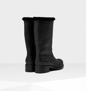NIB Hunter Black Leather Shearling Lined Mid-Calf Wellington Boots Size 7